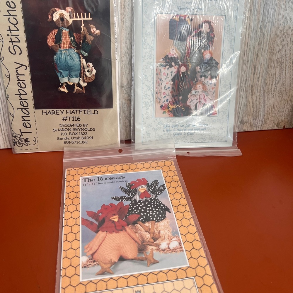 Vtg Sewing Pattern Lot Harey Hatfield Roosters Giggles n Grins‎ Primitive Doll